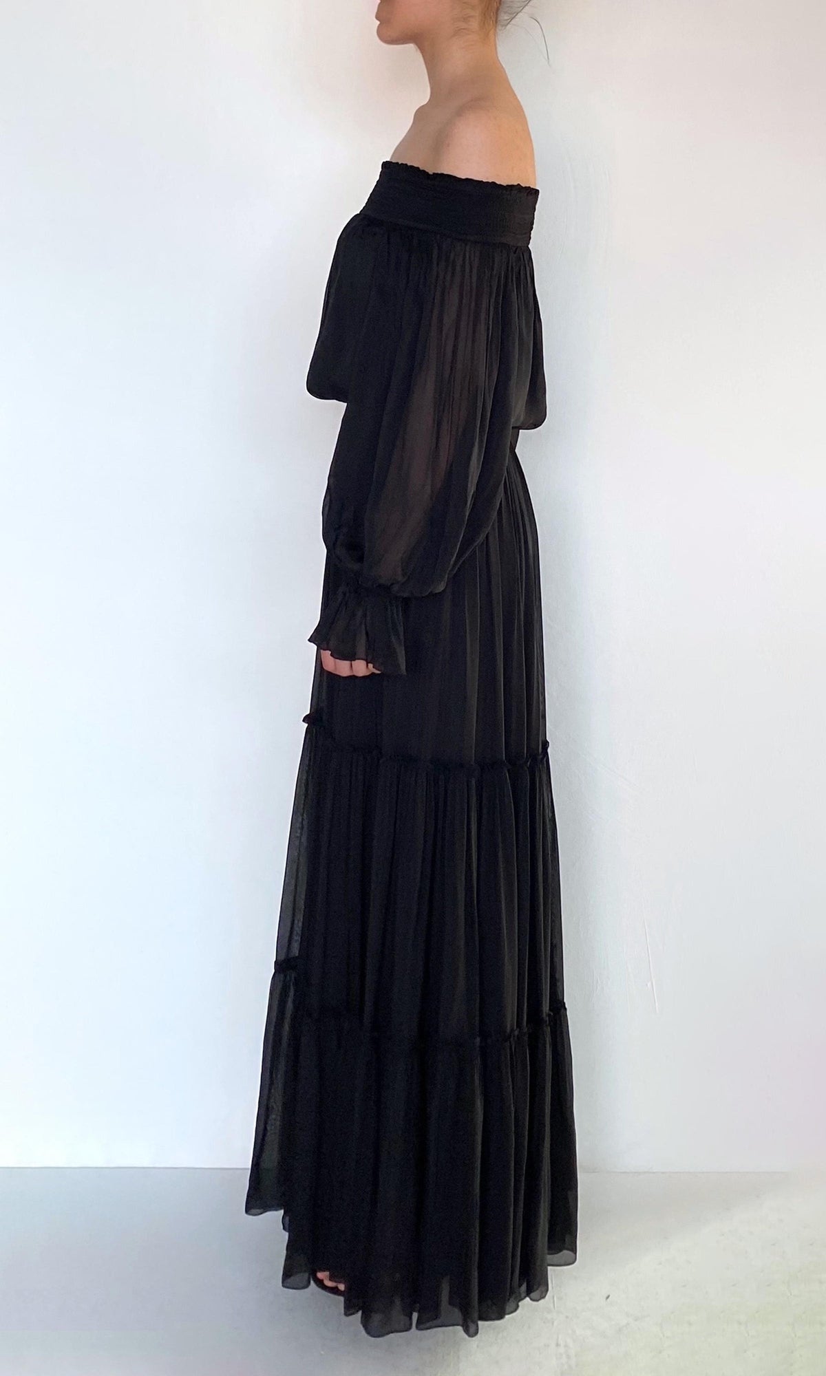 Hemant And Nandita | Johi Viscose Flat Chiffon Smocked Detailed Off Shoudler Top | Black