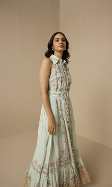 Hemant And Nandita | Navi Viscose Organza Linen Long Shirt Dress With Buckle Belt | Blue Brown