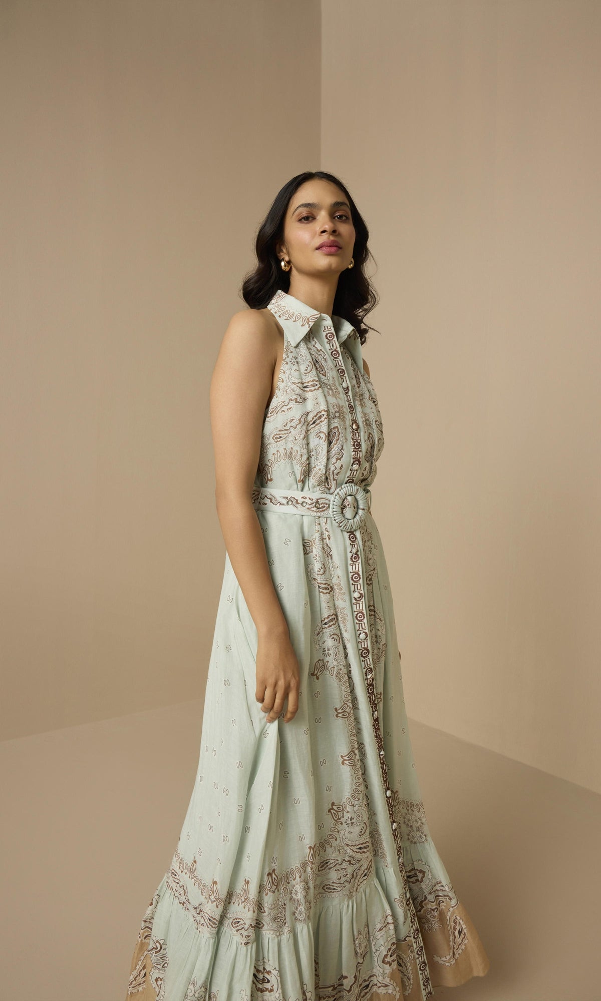 Hemant And Nandita | Navi Viscose Organza Linen Long Shirt Dress With Buckle Belt | Blue Brown