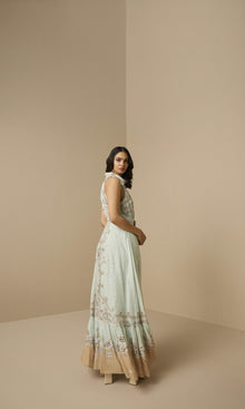 Hemant And Nandita | Navi Viscose Organza Linen Long Shirt Dress With Buckle Belt | Blue Brown