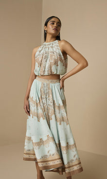 Hemant And Nandita | Navi Viscose Organza Linen Midi Skirt | Blue Brown