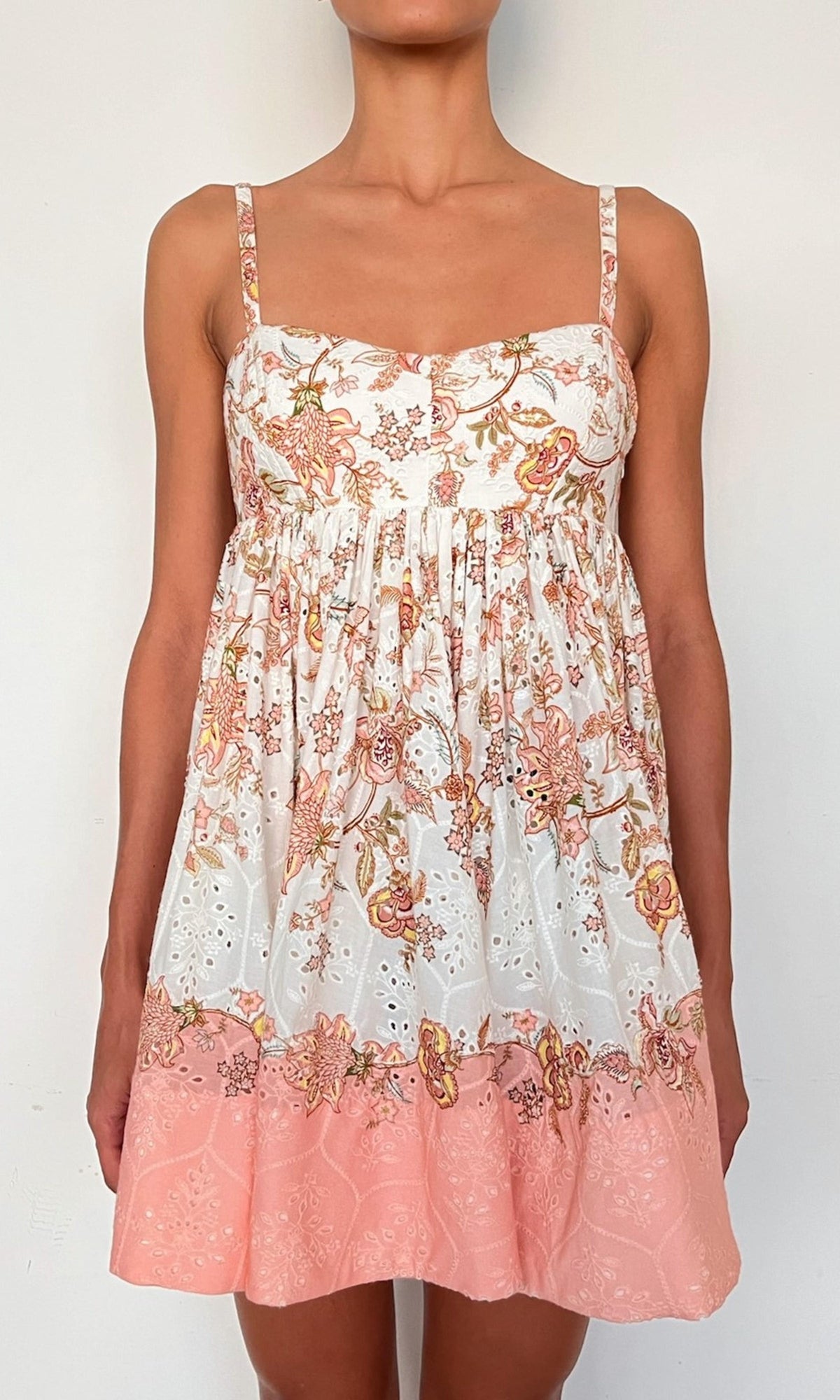 Hemant And Nandita | Niti Cotton Schiffli Short Dress With Quilted Yoke | White Floral