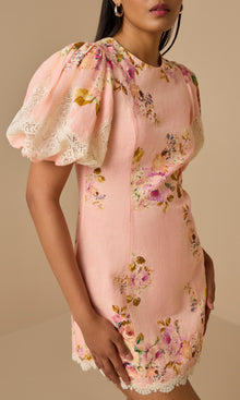 Hemant And Nandita | Niva Linen Cotton Mini Dress | Pink Floral