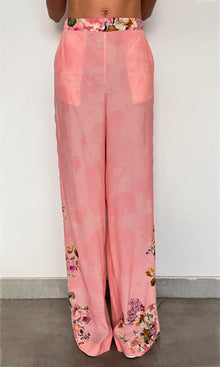 Hemant And Nandita | Niva Viscose Crepe Heavy + Flat Chiffon Straight Pants | Pink Floral