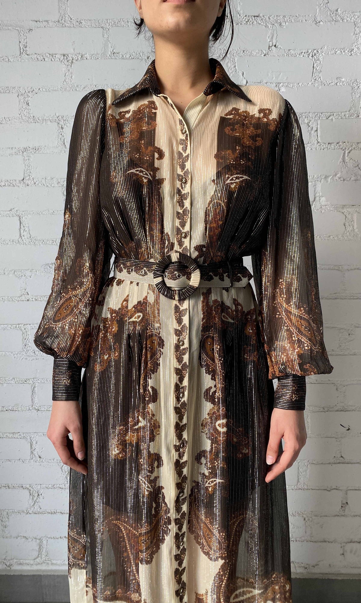 Hemant And Nandita | Omya Viscose Ggt Stripe Lurex Long Shirt Dress With Buckle Belt | Brown Multi