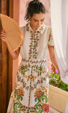 Hemant And Nandita | Pahi Linen Cotton Long Shirt Dress With Handcrafted Buttons And Belt | Offwhite Floral