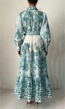Womens | Pahi Linen Cotton Long Dress | Blue Floral