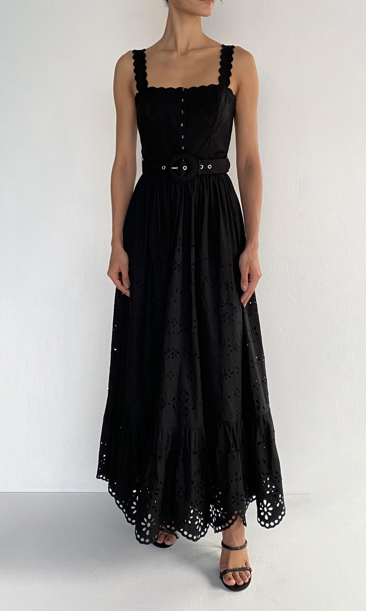 Hemant And Nandita | Raga Cotton Schiffli Long Dress With Buckle Belt | Black