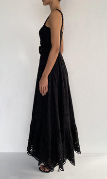 Hemant And Nandita | Raga Cotton Schiffli Long Dress With Buckle Belt | Black
