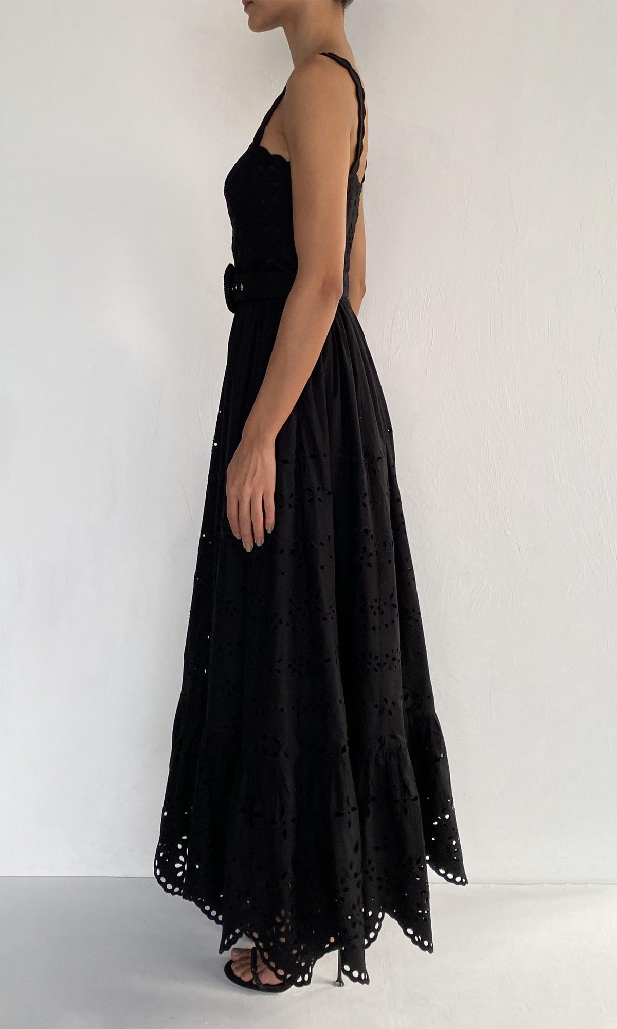 Hemant And Nandita | Raga Cotton Schiffli Long Dress With Buckle Belt | Black