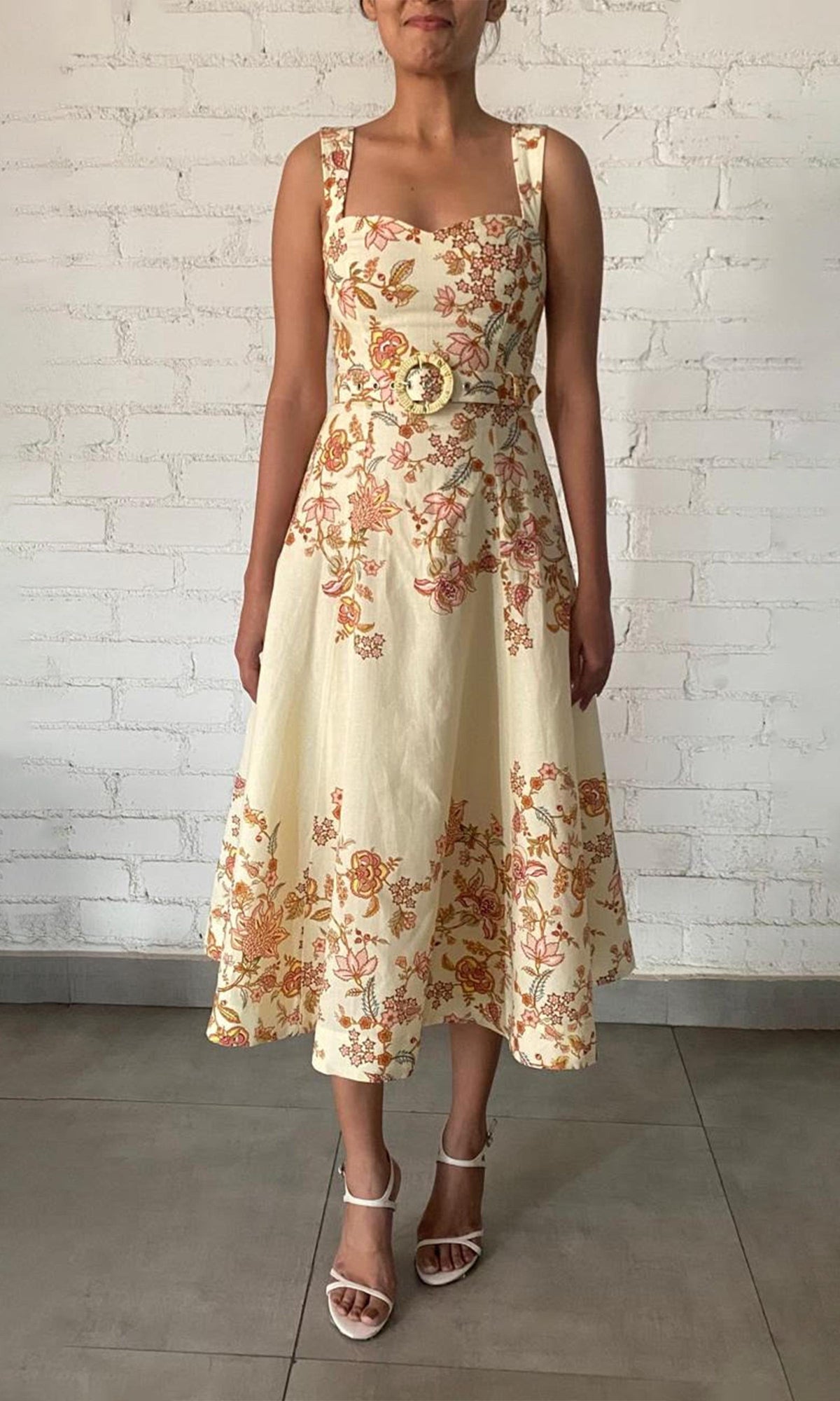 Womens | Riah Linen Cotton Midi Dress With Buckle Belt | Ivory