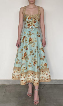 Hemant And Nandita | Rohi Linen Cotton Long Dress With Buckle Belt | Turquoise Multi
