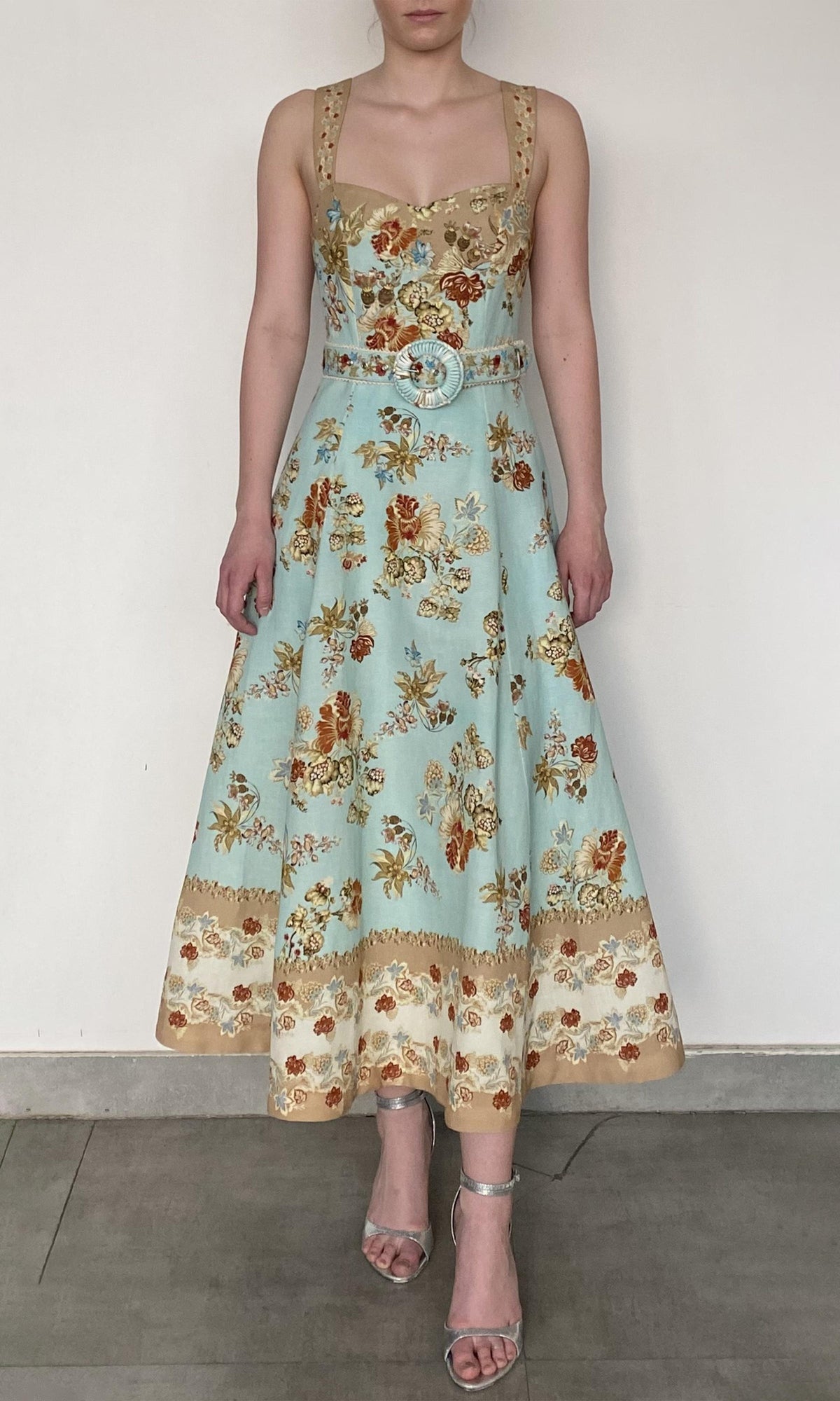 Hemant And Nandita | Rohi Linen Cotton Long Dress With Buckle Belt | Turquoise Multi