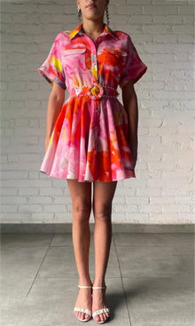Hemant And Nandita | Rosa Linen Cotton Short Sleeve Short Dress With Buckle Belt | Pink Floral