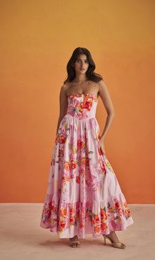 Hemant And Nandita | Rosa Cotton Poplin Corset Long Dress | Pink Floral