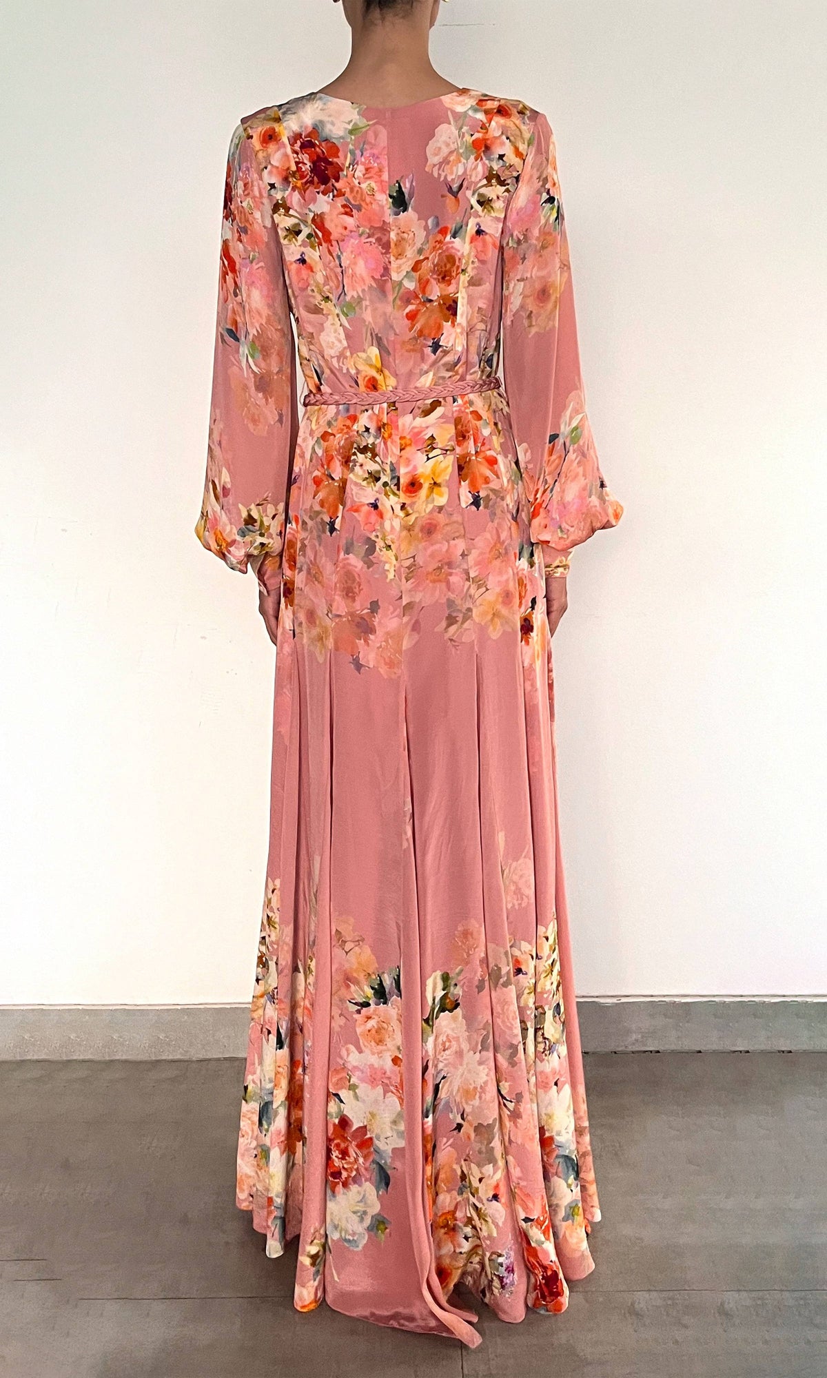 Hemant And Nandita | Saba Viscose Crepe Heavy Long Dress With Braided Belt | Peach Floral