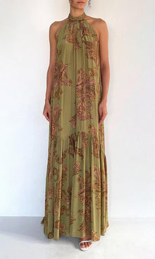 Womens | Sakhi Natural Crepe Long Dress | Olive