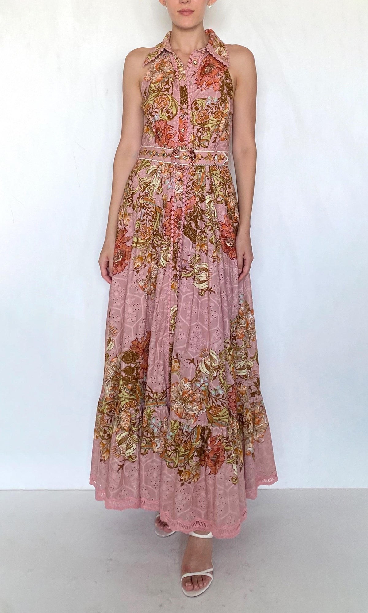 Hemant And Nandita | Sula Cotton Schiffli Long Shirt Dress With Buckle Belt | Dusty Pink