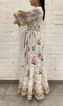 Hemant And Nandita | Taha Viscose Georgette Flower Jacquard Long Dress With Tie Up Belt | White Floral