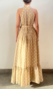 Hemant And Nandita | Tira Viscose Linen Organza Long Dress With Buckle Belt | Brown White