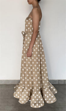 Womens | Tira Viscose Satin Long Dress With Braided Belt | Brown White