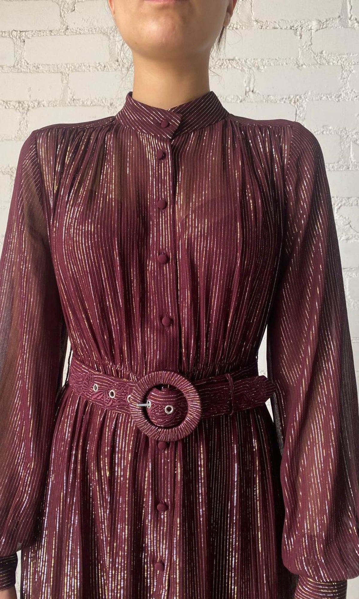 Hemant And Nandita | Tiya Viscose Georgette Gold Silver Stripe Lurex Long Dress With Buckle Belt | FA24 | Burgundy