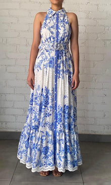 Hemant And Nandita | Tora Cotton Schiffli Long Dress With Buckle Belt | Blue/White