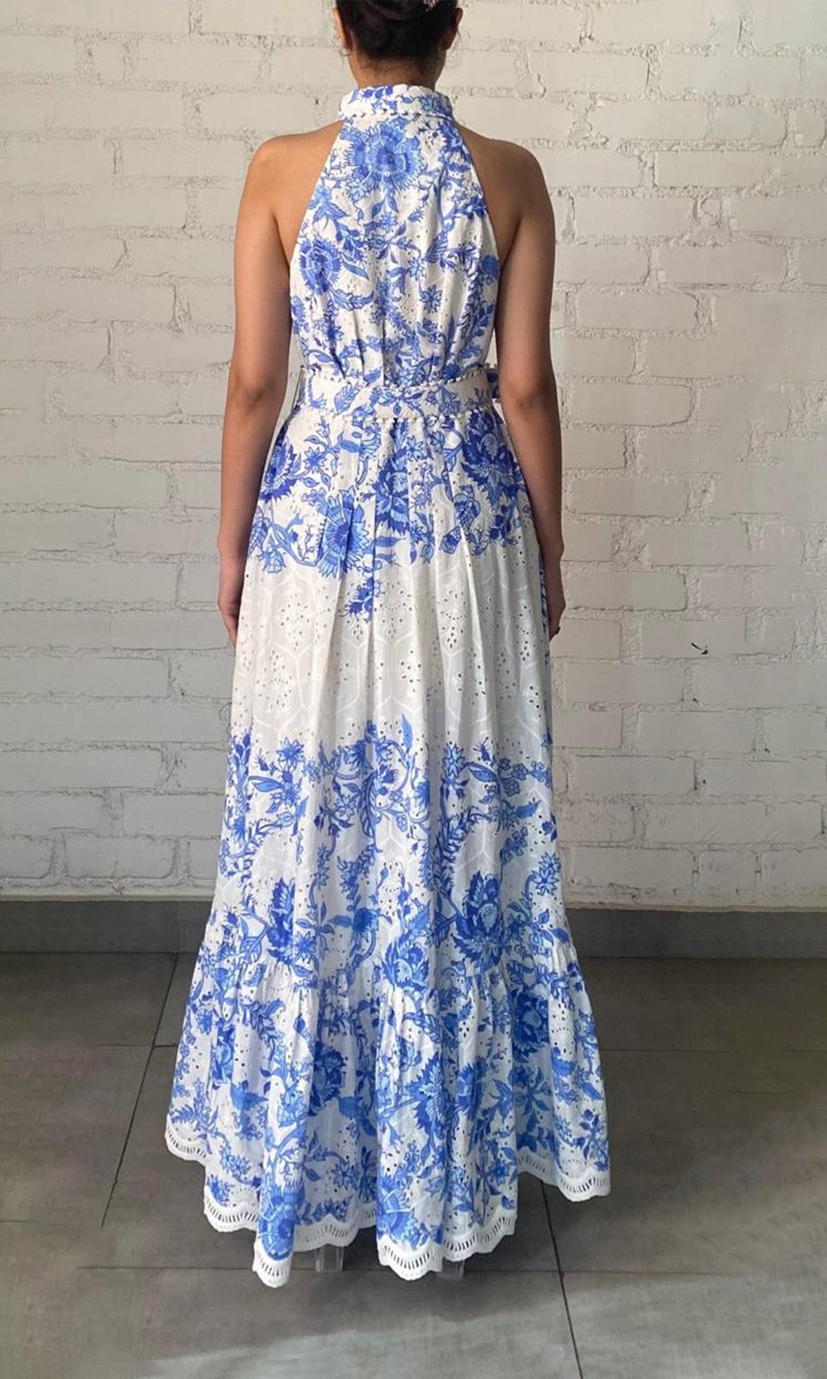Hemant And Nandita | Tora Cotton Schiffli Long Dress With Buckle Belt | Blue/White