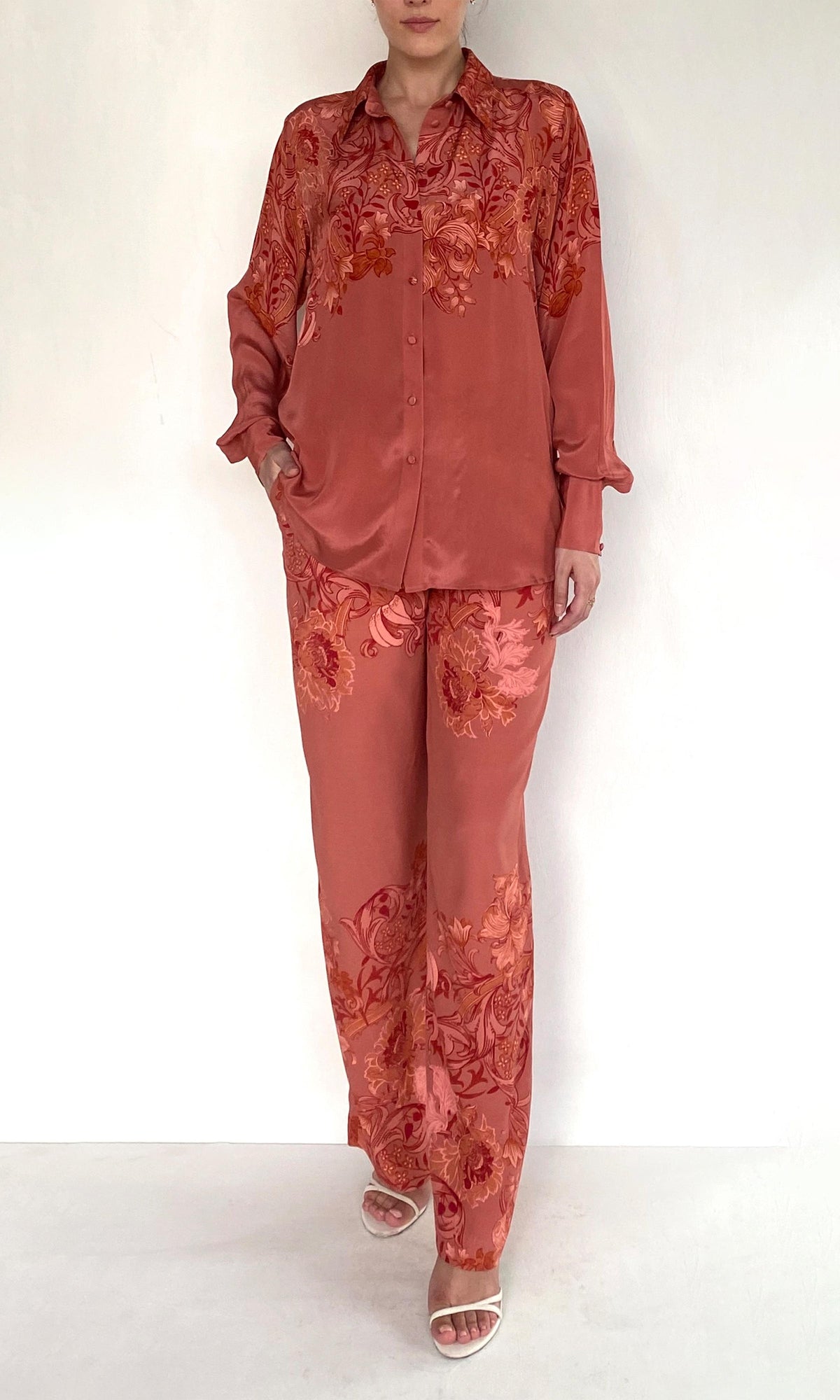 Hemant And Nandita | Vine Viscose Heavy Crepe Straight Pants | Coral