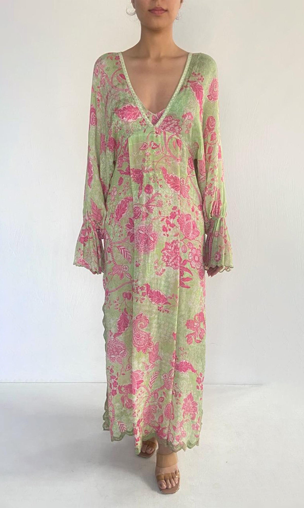 Womens | Xari Viscose Jacquard Kaftan | Green Multi