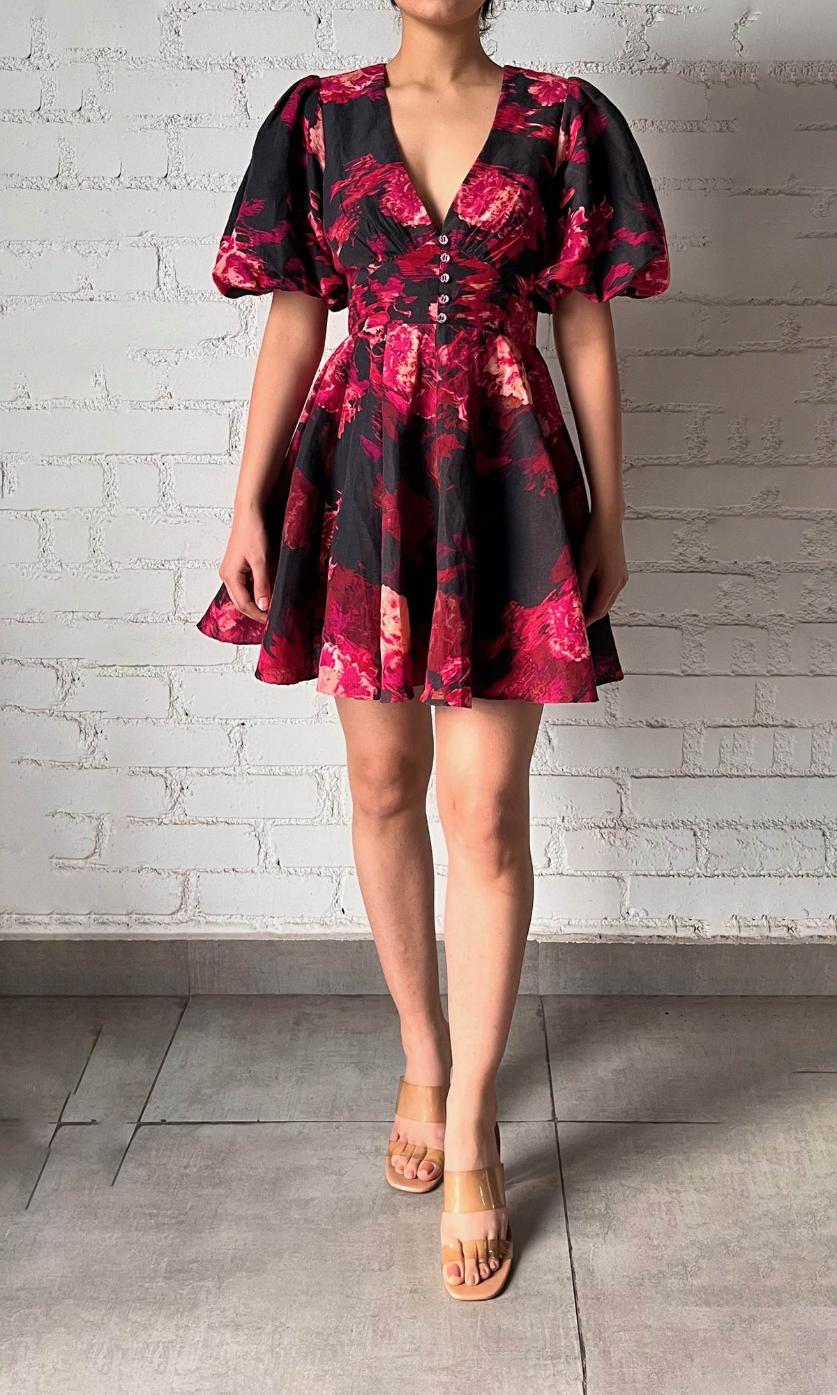 Hemant And Nandita | Zina Linen Cotton Short Dress | Black Magenta