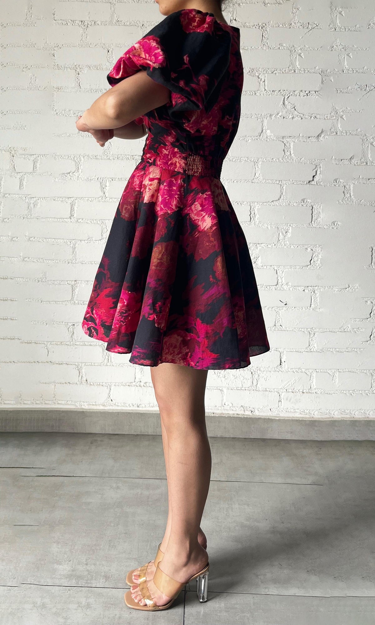 Hemant And Nandita | Zina Linen Cotton Short Dress | Black Magenta