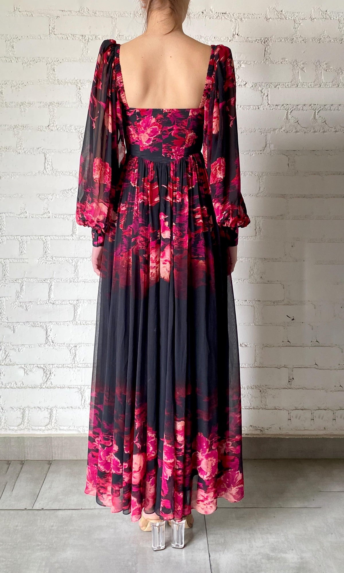 Womens | Zina Viscose Chiffon & Satin Corsetted Long Dress | Black Magenta