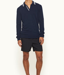 Horton Tailored Fit Long-Sleeve Boucle Stitch Polo Shirt | Night Iris