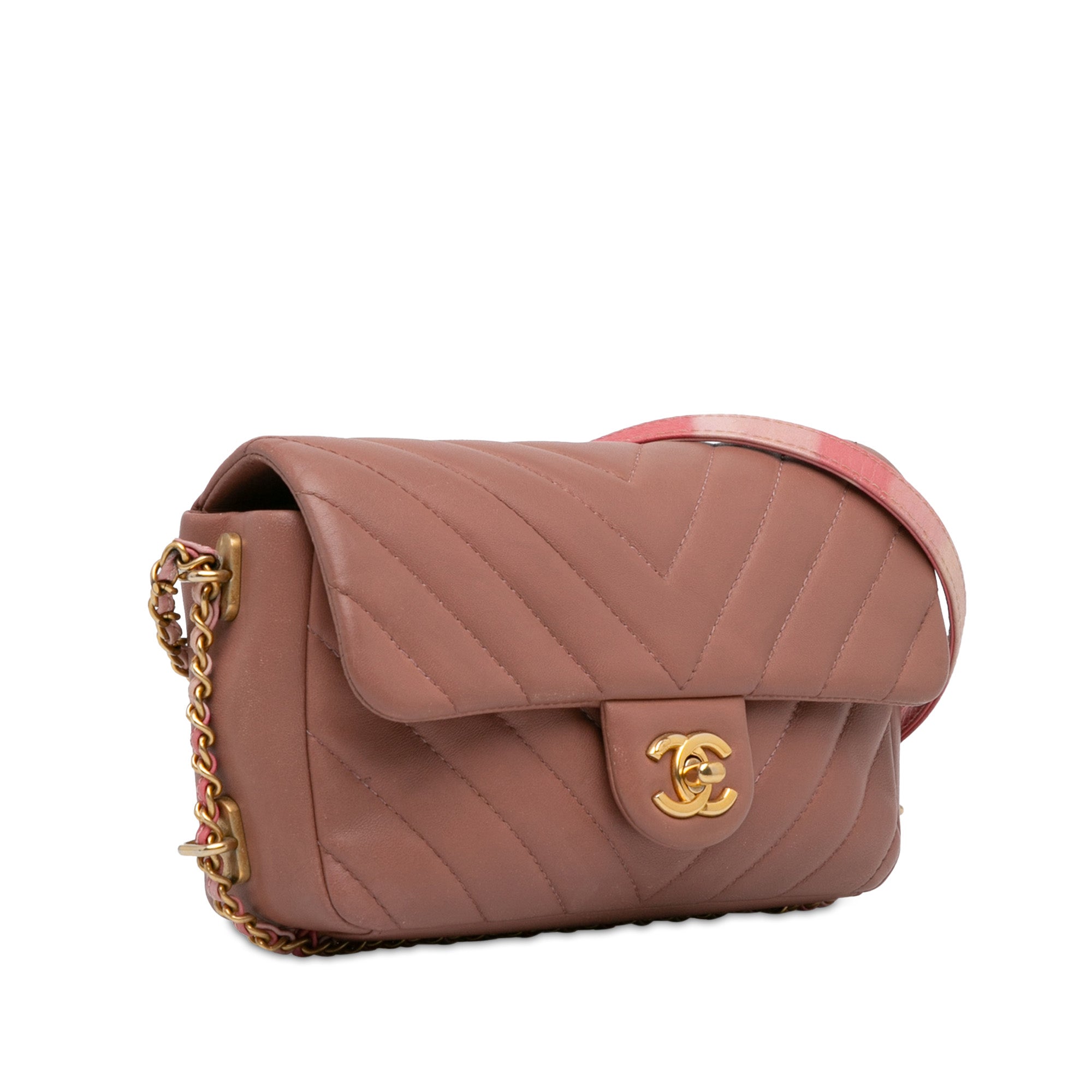 Chanel | Pre-Owned Mini Rectangular Chevron Lambskin Chain Around Flap | Pink/Light Pink