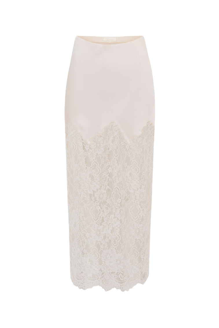 Ilene Satin Lace Maxi Skirt | Sugar Buff