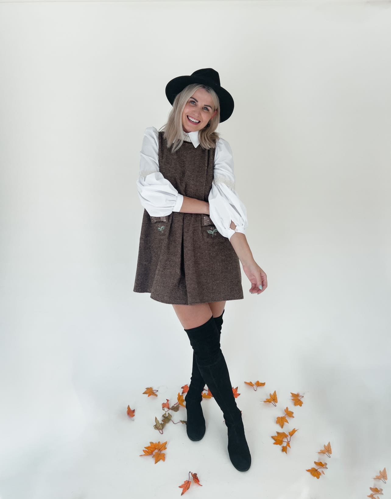 Women | Herringbone Tweed Mom Dress | Brown x White