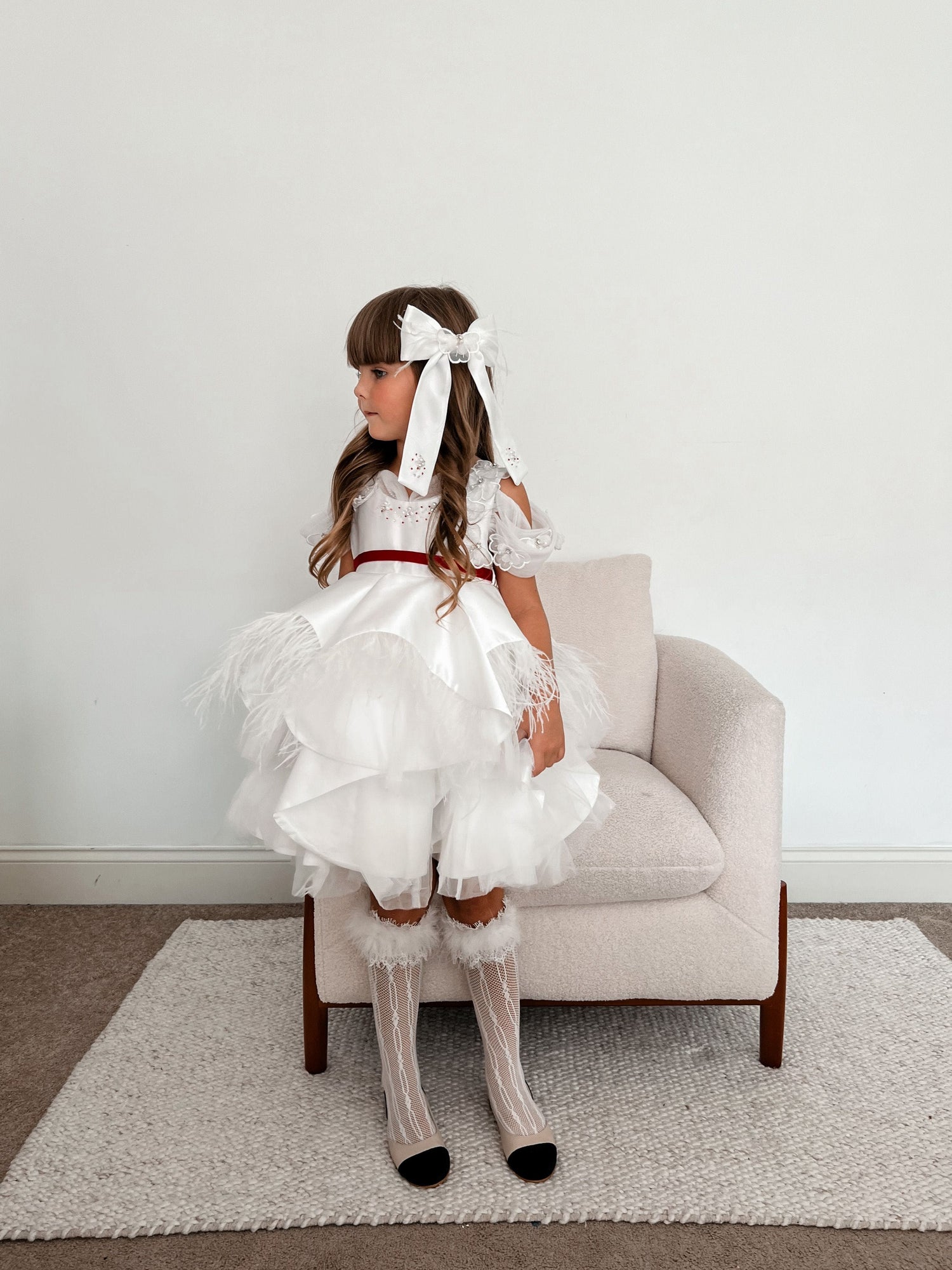 Girl | Constanza Ceremony Dress with Bow | White x Red