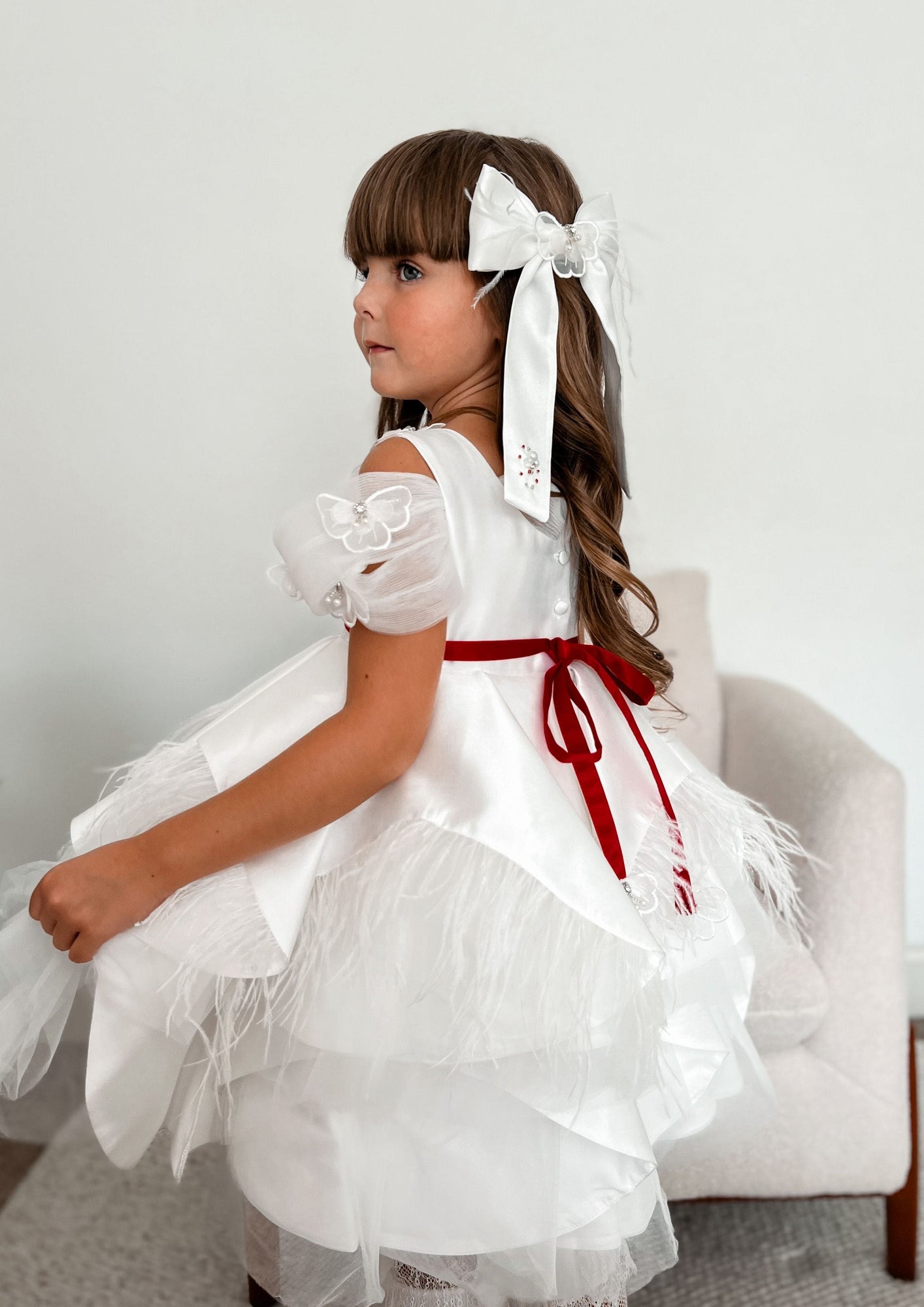 Girl | Constanza Ceremony Dress with Bow | White x Red
