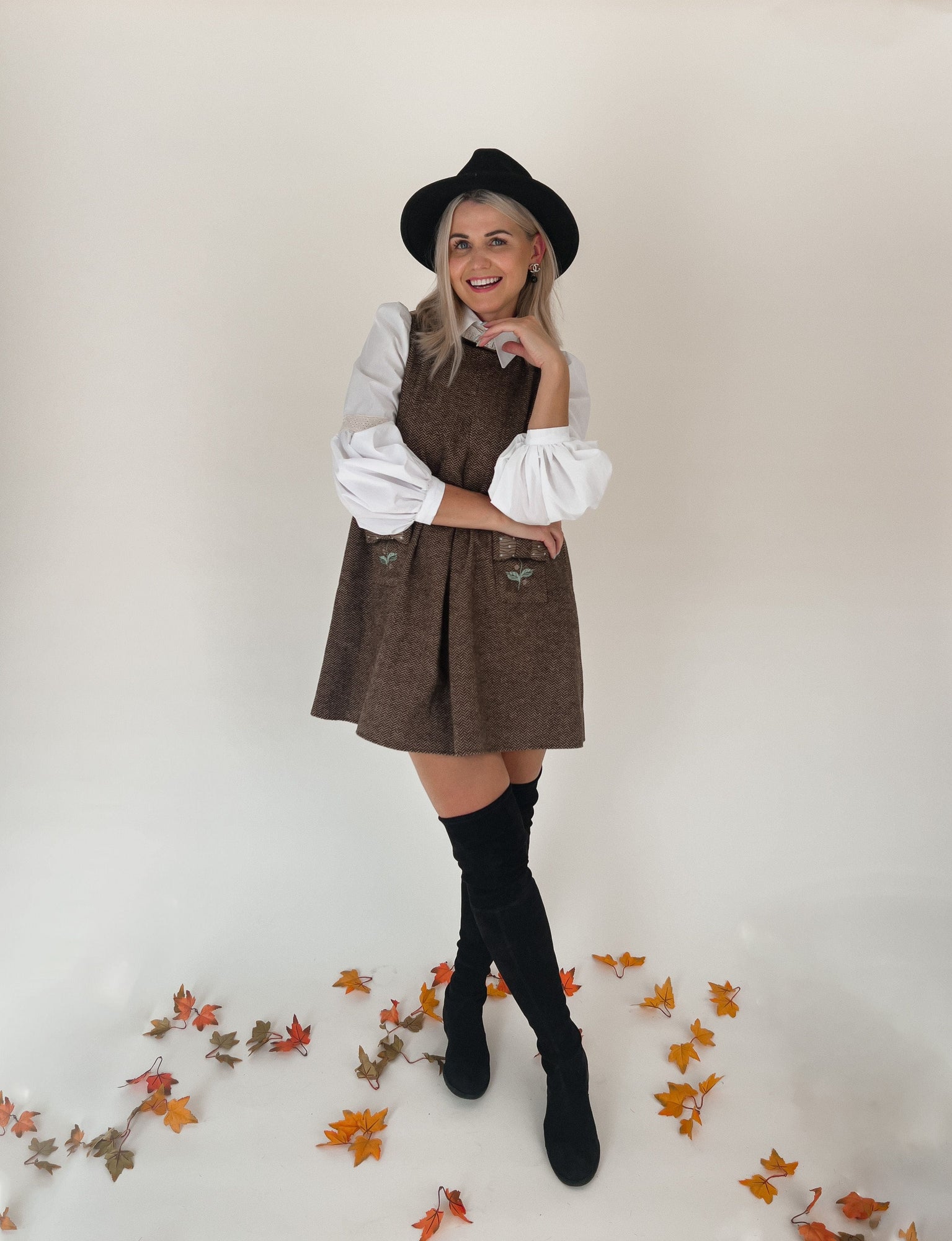 Women | Herringbone Tweed Mom Dress | Brown x White