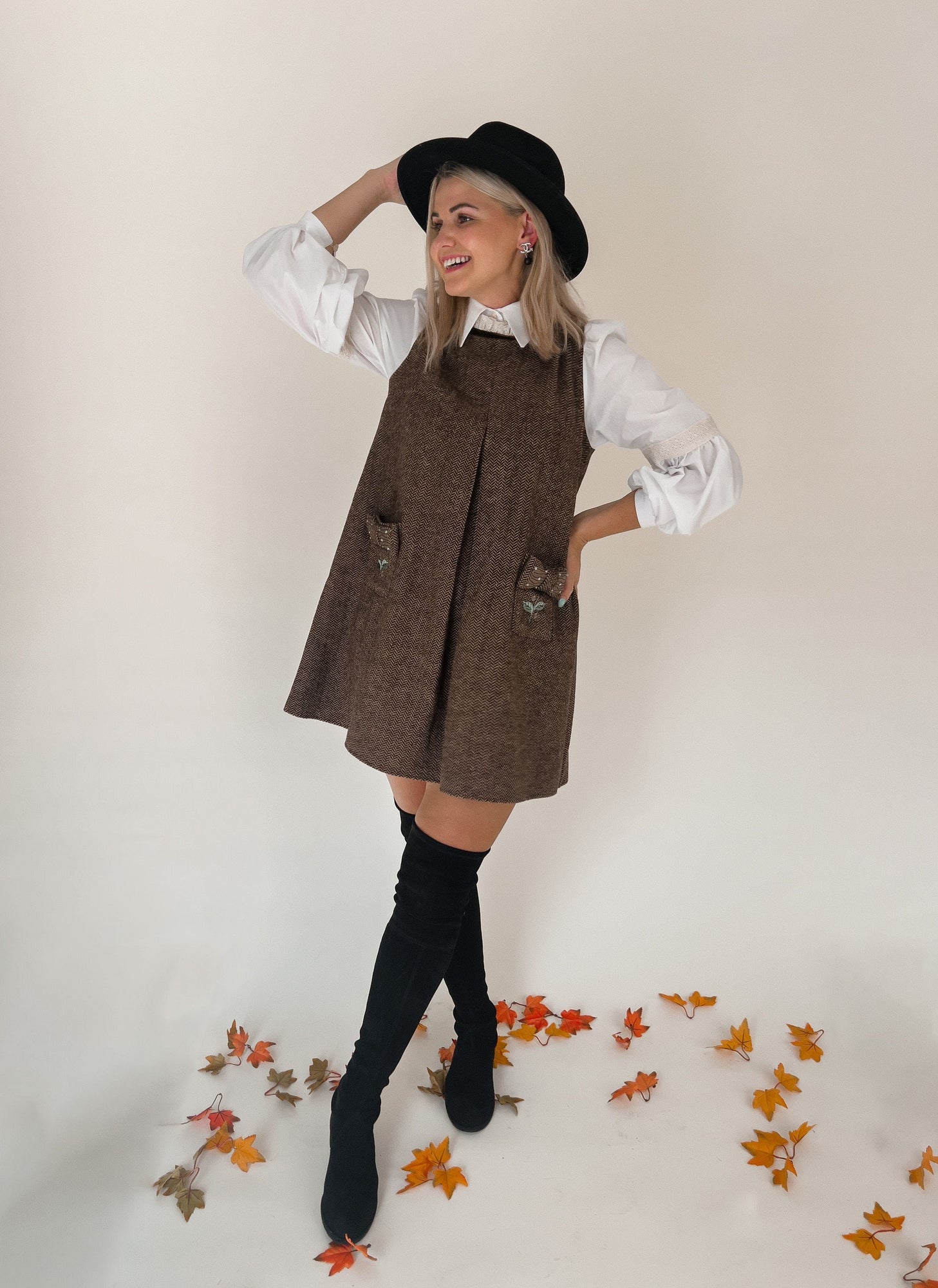 Women | Herringbone Tweed Mom Dress | Brown x White