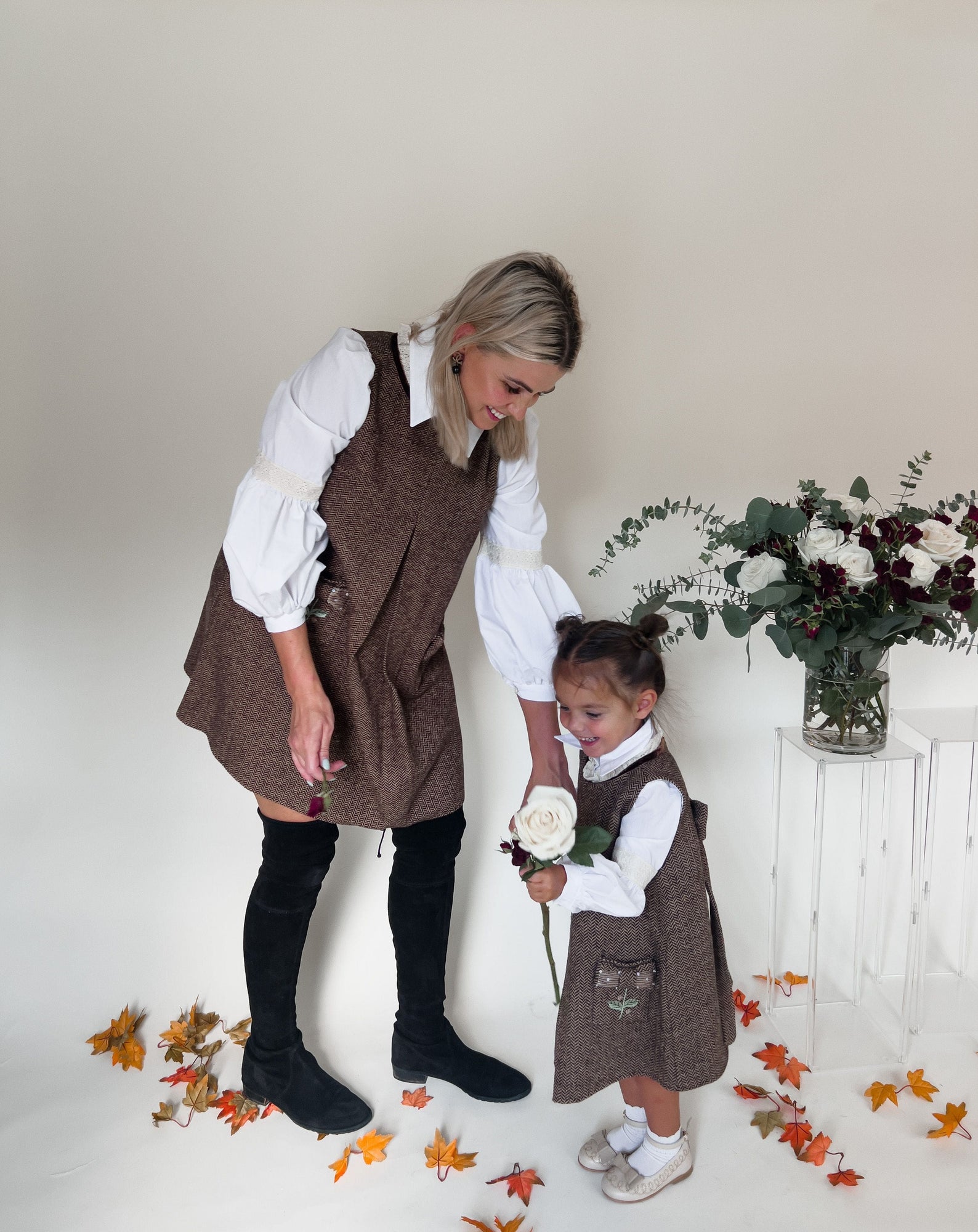 Women | Herringbone Tweed Mom Dress | Brown x White