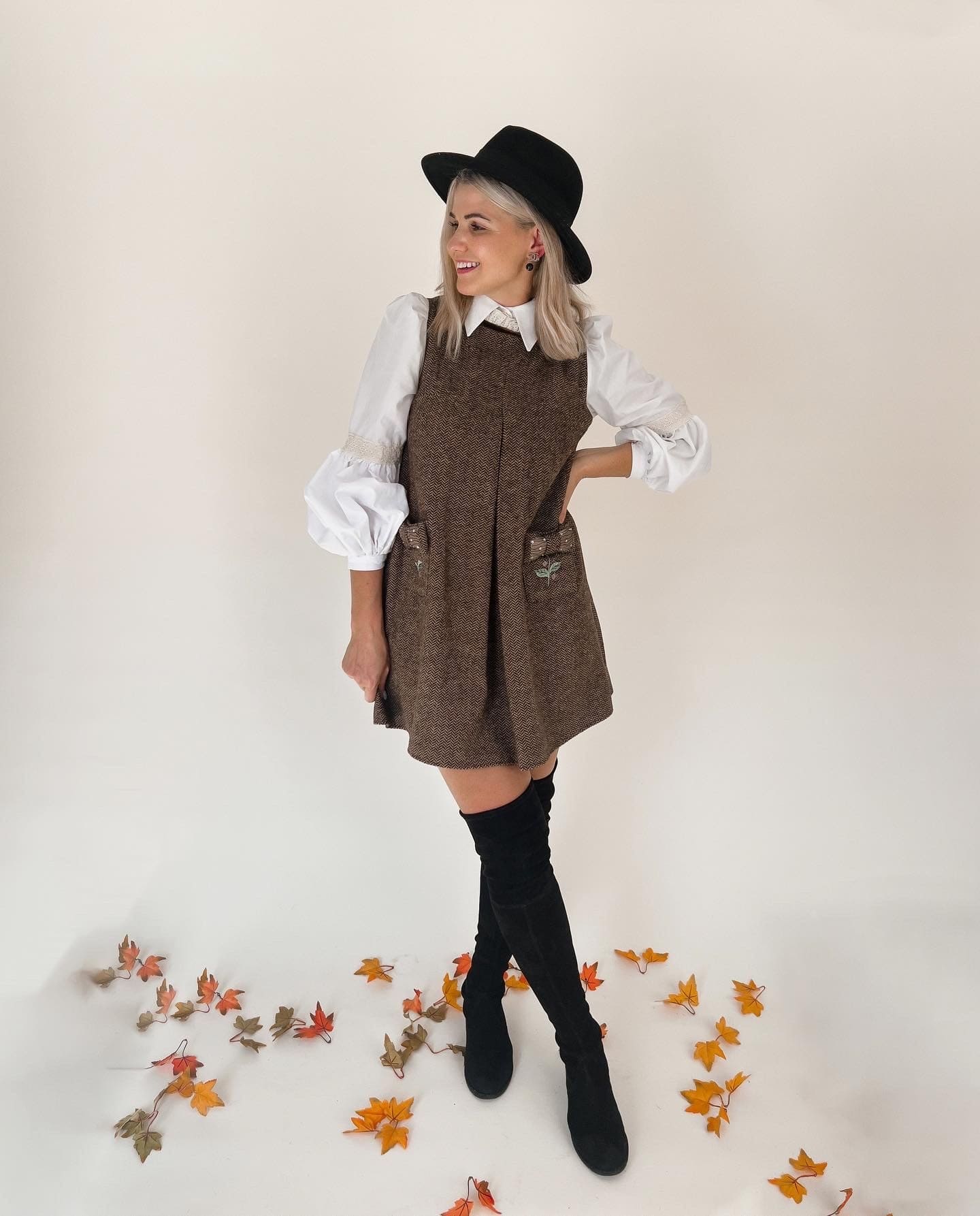 Women | Herringbone Tweed Mom Dress | Brown x White