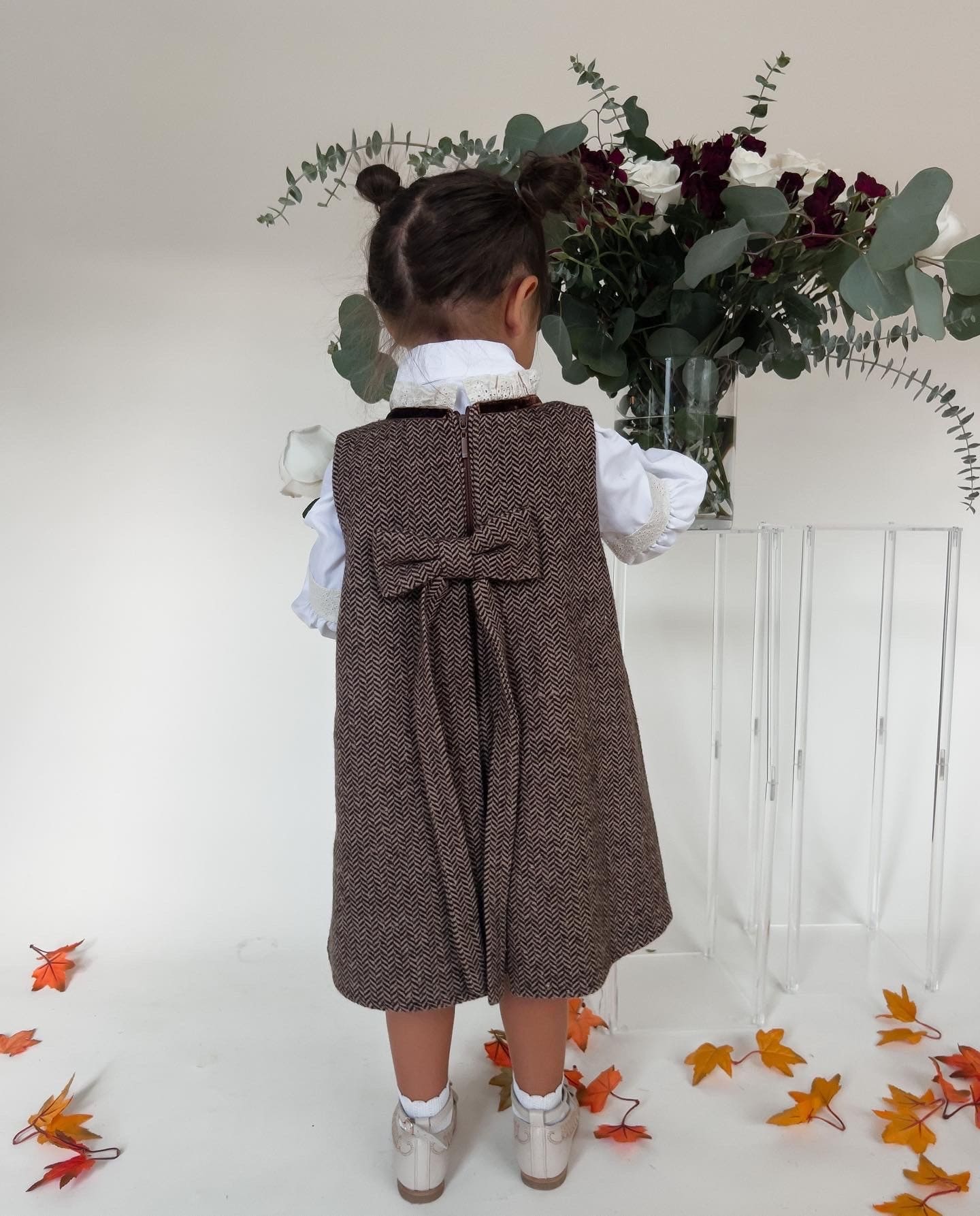 Girl | Herringbone Dress and Blouse Set | Brown x White
