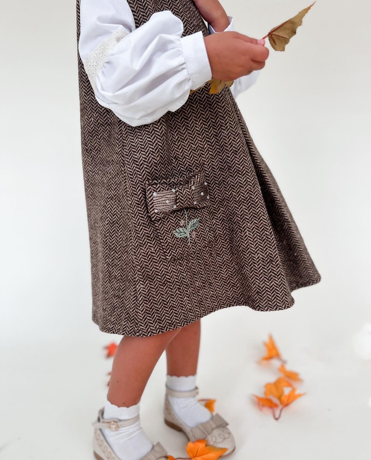 Girl | Herringbone Dress and Blouse Set | Brown x White