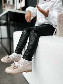 Girl | Rose Print Vegan Leather Leggings | Black