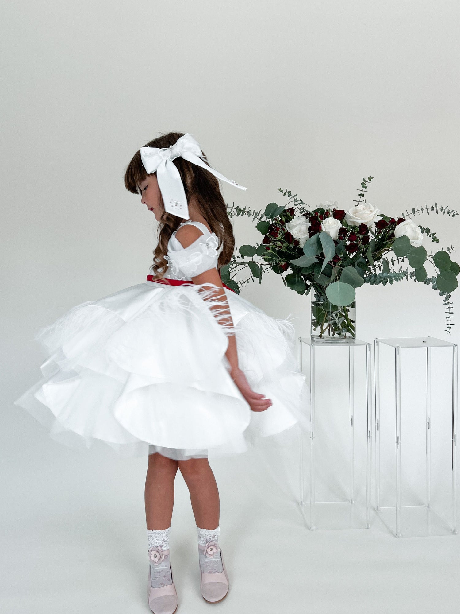 Girl | Constanza Ceremony Dress with Bow | White x Red
