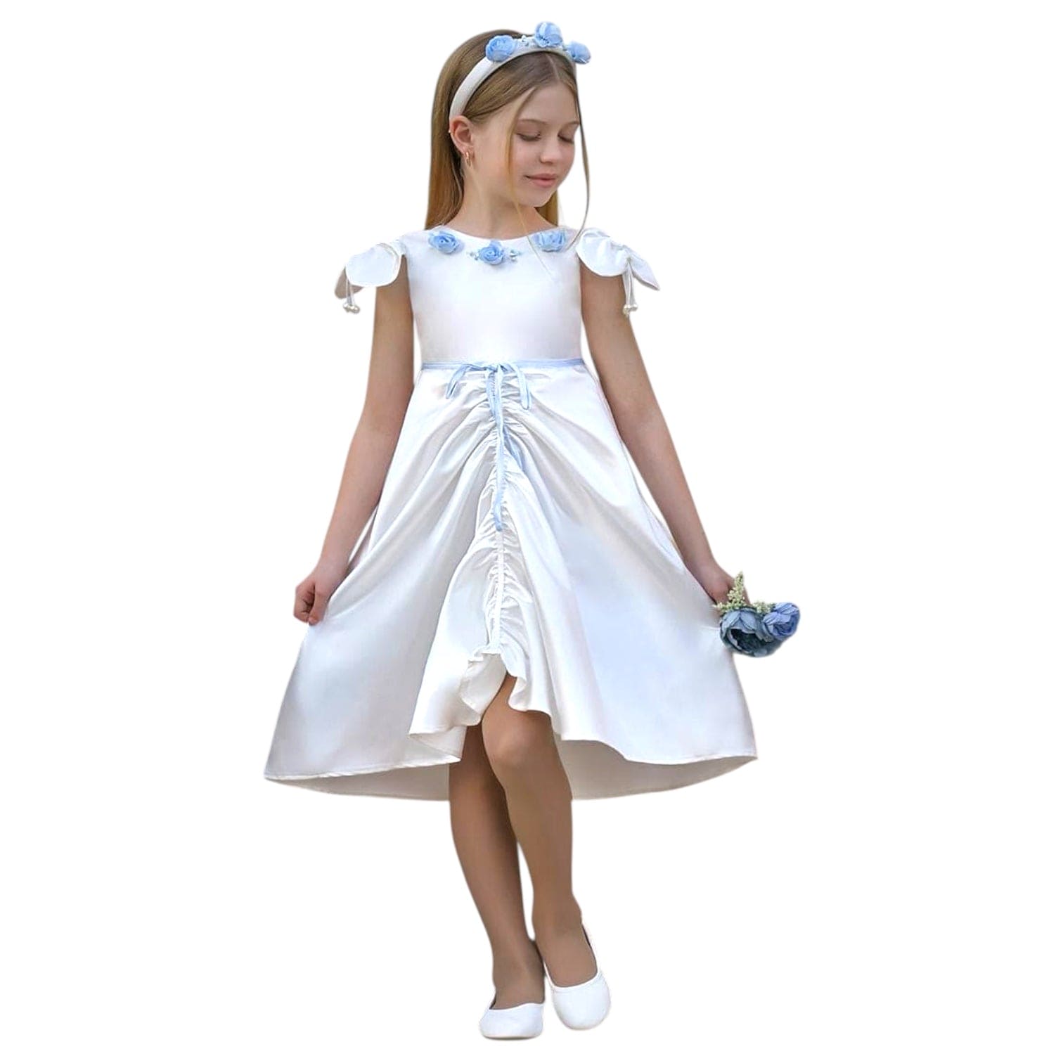 Girl | Daphne Satin Dress with Embroidery | White x Blue