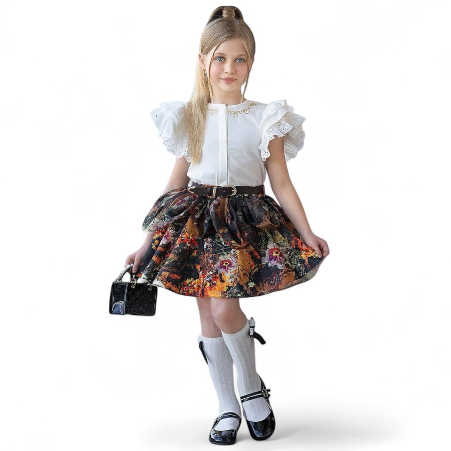 Girl | Alexis Blouse and Skirt Set | White x Multicolor