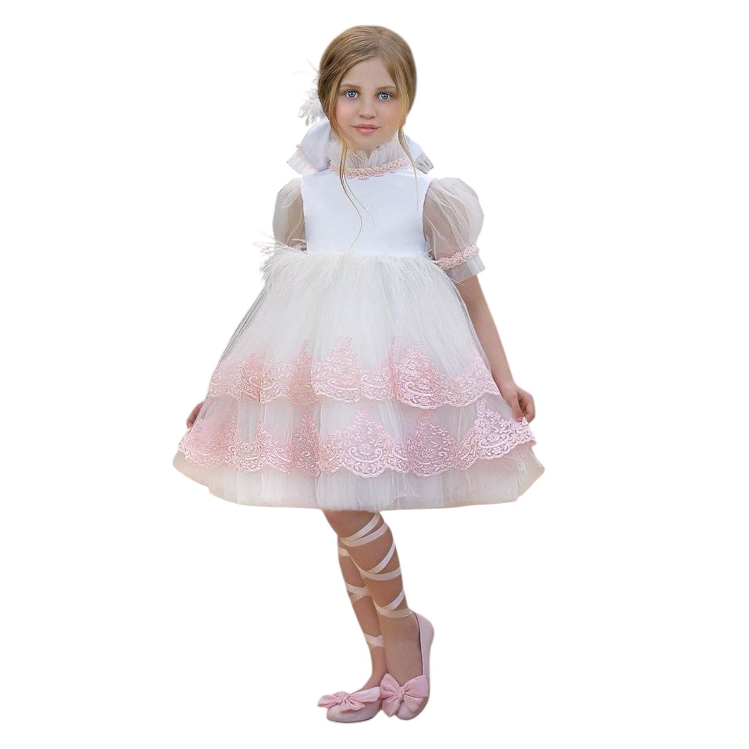 Girl | Laila Embroidered Feather Dress | White x Pink